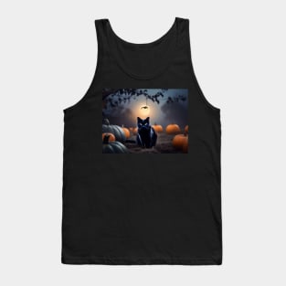 Sleek black cat in a pumpkin patch on Halloween night Tank Top